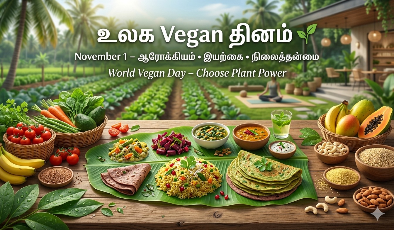 Speical day poster for உலக Vegan தின சிறப்பு • ஆரோக்கிய உணவு, இயற்கை வாழ்க்கை விழிப்புணர்வு tnposterdownload