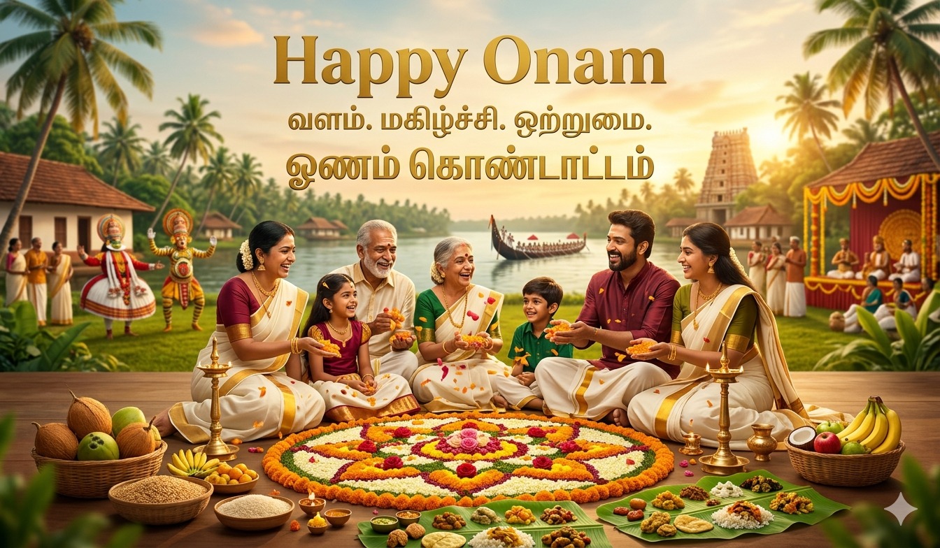 Best poster Harvest of Happiness | Onam Celebration ஓணம் திருநாள் வாழ்த்துக்கள் tnposterdownload